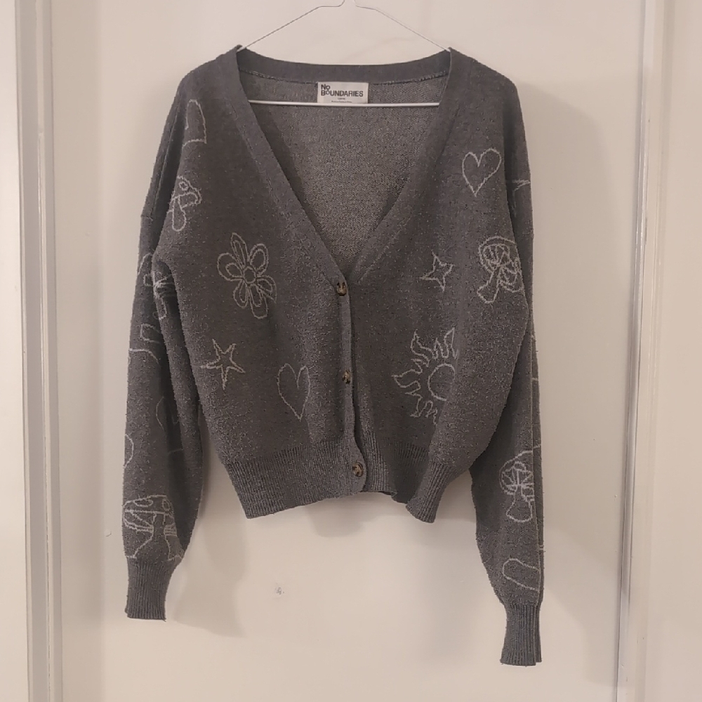No Boundaries Gray Cardigan with Embroidered Designs